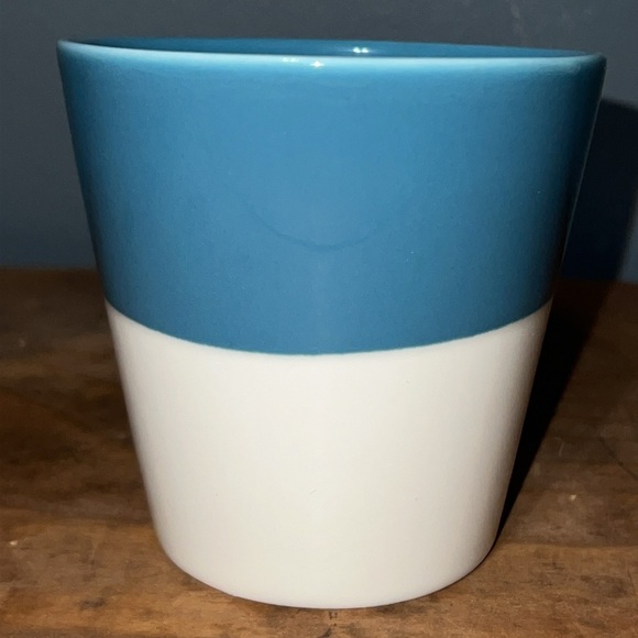 STARBUCKS 2011 Tazo Tea turquoise blue & bone white mug slant top 3 3/4” tall - Picture 3 of 10